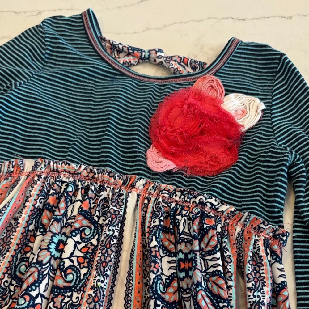 PinkVanilla Teal and Patterned Kids Dress with Red Floral Detail